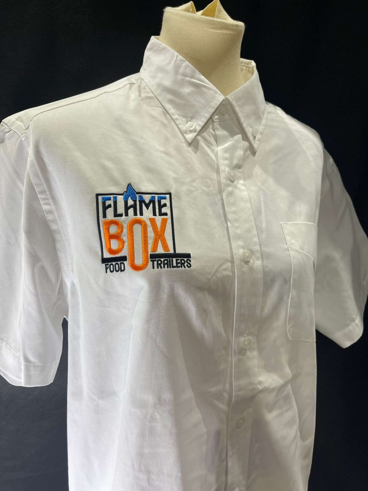 Flame Box Food Trailers embroidered work shirt